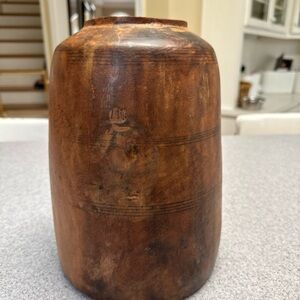 Primitive Wooden Hand Turned And Hand Carved Vessel Urn Jug Crock Antique